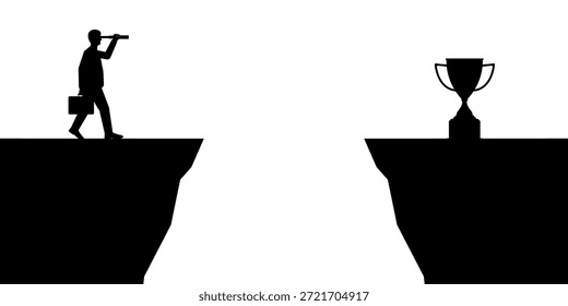 Hombre de negocios usando telescopio en busca de la silueta del trofeo. Consecución de objetivos y concepto de éxito empresarial. Ilustración vectorial.