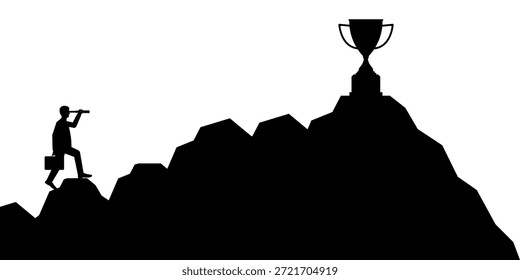 Hombre de negocios usando telescopio en busca de la silueta del trofeo. Consecución de objetivos y concepto de éxito empresarial. Ilustración vectorial.