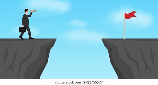 Hombre de negocios usando telescopio en busca de la bandera de la victoria. Consecución de objetivos y concepto de éxito empresarial. Ilustración vectorial.