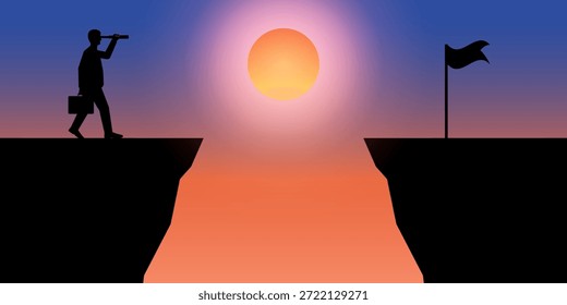 Hombre de negocios que usa el telescopio que busca la silueta de la bandera de la victoria durante la puesta del sol. Consecución de objetivos y concepto de éxito empresarial. Ilustración vectorial.