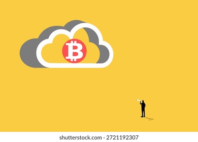 Empresário usando um telescópio para observar uma nuvem distante com um símbolo financeiro. conceito de análise de mercado, previsão de tendências futuras e liderança visionária estratégica