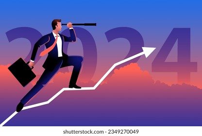 Businessman using telescope on a graph chart, with the bold text 2024 as the backdrop. An  image reflecting the optimism and opportunities of the coming year