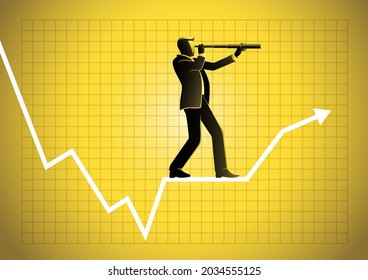 A businessman using telescope on graphic chart. Concept for forecast, prediction, success, planning in business