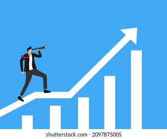 Businessman using telescope on graphic chart. Concept for forecast, prediction, success, planning in business. Vector illustration