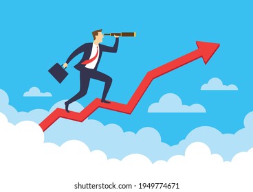 Businessman using telescope on rising graph arrow chart, Searching business goal, Growth and prediction to success, Flat design vector illustration