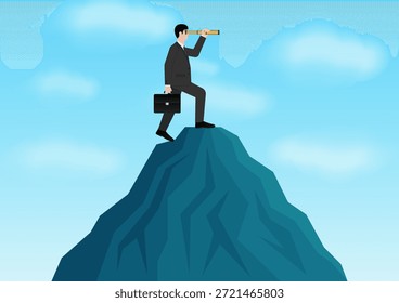 Businessman using Telescope on Top of Mountain looking for New Opportunity. Business Opportunity and Future Career Concept. Vector Illustration.