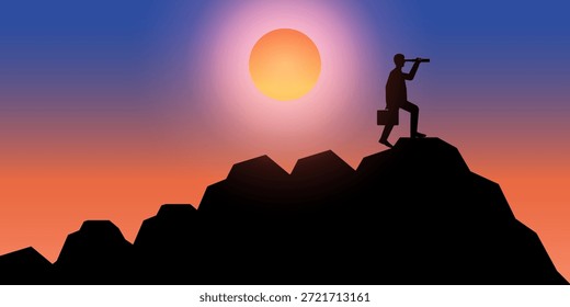 Empresário que usa o Telescópio no Topo da Montanha à procura da Silhueta Nova Oportunidade durante o Pôr do Sol. Oportunidade de negócios e conceito de carreira futura. Ilustração de vetor.