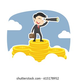 businessman using telescope on the top of coins peak