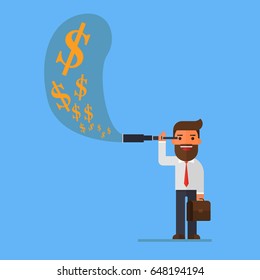 Businessman using telescope see money