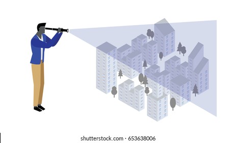 A businessman is using a telescope for seeking employees above the city.