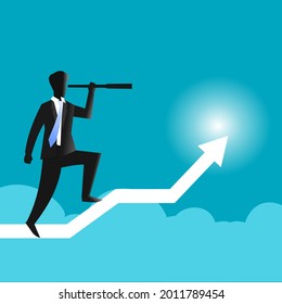 businessman using telescope and standing on arrow