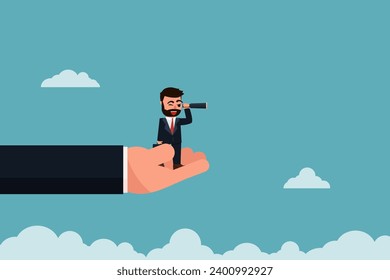 A businessman using a telescope standing on a giant businessman's hand. Having good partners helps us achieve our goals. Leaders give you access to opportunities for success.