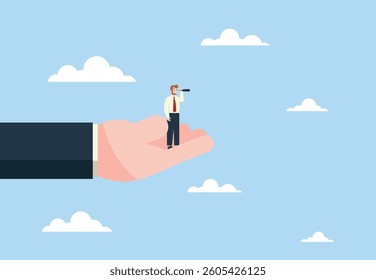 A businessman using a telescope standing on a giant businessman's hand. Having good partners helps us achieve our goals. Leaders give you access to opportunities for success.