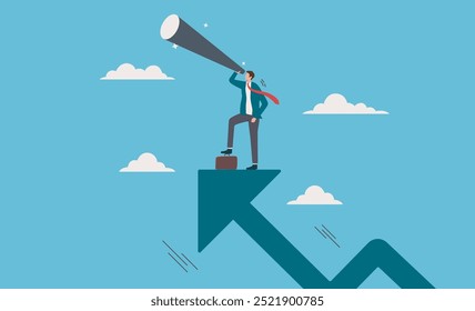 Businessman using telescope with upward arrow growth concept. Suitable for Business opportunity, investment and market prediction, vision, goal setting, future planning concepts