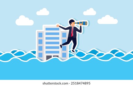 A businessman using a telescope while holding onto an office building submerged in floodwaters, illustrating an entrepreneur vision in analyzing a company problem