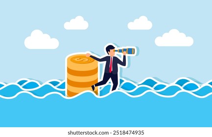 A businessman using a telescope while holding a stack of coins submerged in floodwaters, illustrating an investor's vision in rescuing their assets