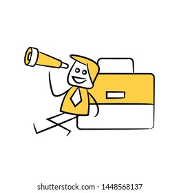 businessman using telescope,sitting next to briefcase yellow stick figure theme