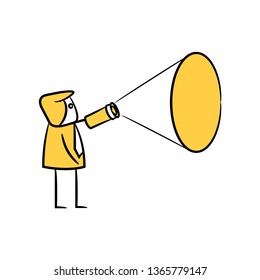 businessman using torch, yellow character doodle design