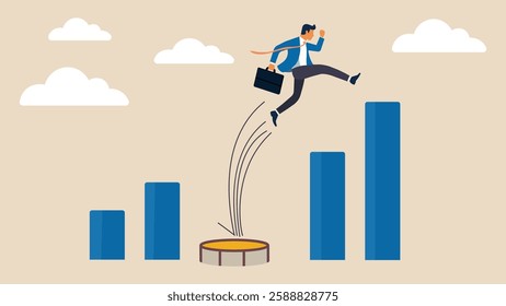 a businessman using a trampoline to jump over a rising bar chart, symbolizing career growth, business success, and overcoming challenges. Perfect for finance and motivation themes