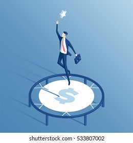 businessman using a trampoline trying to reach for the stars isometric illustration, employee with cash trampoline wants to achieve his goal, business concept money and goal