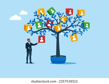 Businessman using of tree with people icons, human resources and management. Flat vector illustration