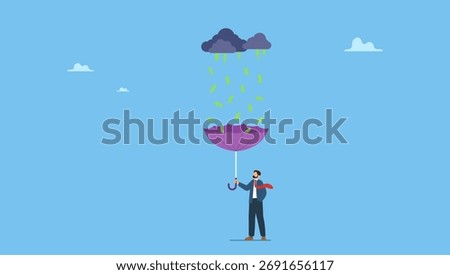 Businessman using umbrella to collect falling money from investment thunderstorm. Make money idea, passive income or profit and dividends from stock market investment, financial success.