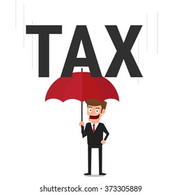 Businessman using umbrella for protecting him from tax. Cartoon Vector Illustration.