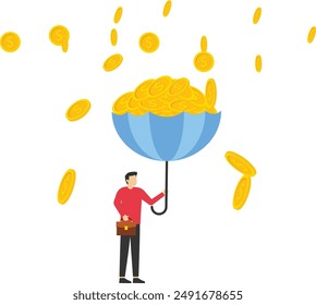 Businessman using upside down umbrella to collect large rain of coins. Illustration of a businessman collecting coins using a blue umbrella.

