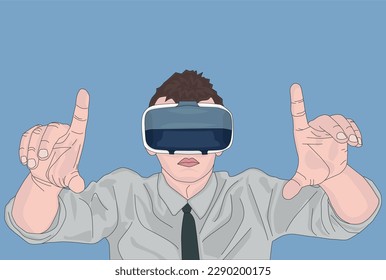 Empresario que usa gafas de realidad virtual y toca la interfaz vr. Concepto de negocio y realidad virtual. Diseño de ilustración de vector