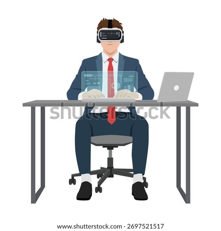 Businessman Using Virtual Reality Technology for Work. Flat vector illustration isolated on white background