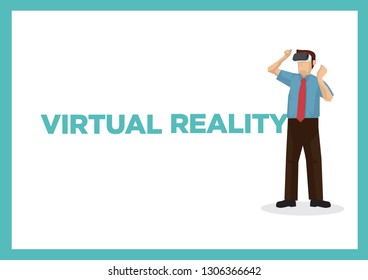 Businessman using VR headset with the text virtual reality at his side. Isolated vector illustration.