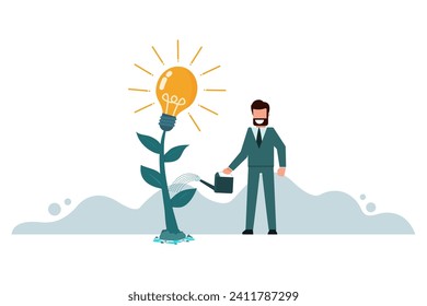 A businessman using a watering can to water a productive plant is a creativity bulb or idea bulb. Cultivating new ideas. Developing a growing business. Solving educational learning problems.