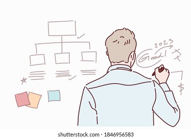 Businessman using whiteboard to present ideas for business planning and decision making. Hand drawn in thin line style, vector illustrations.