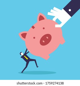 Businessman usurp the money collected from the piggy bank vector design