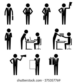 Businessman with various activity and item in office hour icon symbol pictogram vector info graphic