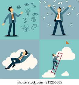 Businessman in various character, with idea and vision sketching icons, money and wealthy concept, lying happiness on cloud, and climbing on ladder to be success. Simply design. 