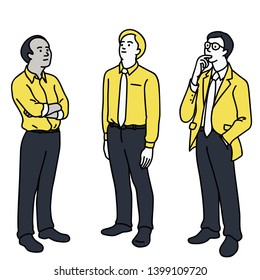 businessman, various character, multi-ethnic, standing and looking up at blank space in concept of thinking. Vector illustration, line, linear, hand drawn sketch design, simple style.