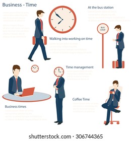 Businessman in various character with time concept. walking to the office, at the bus stop, work, coffee time, Flat design, Vector illustration.