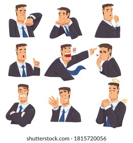 Businessman with Various Emotions and Face Expression, Funny Office Worker Character in Formal Style Clothes, Business Avatar Cartoon Style Vector Illustration