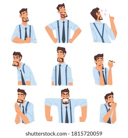 Businessman with Various Emotions and Face Expression, Office Worker Character, Business Avatar Cartoon Style Vector Illustration