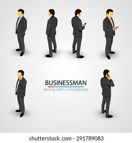 Businessman in various poses with mobile phone. Vector illustration