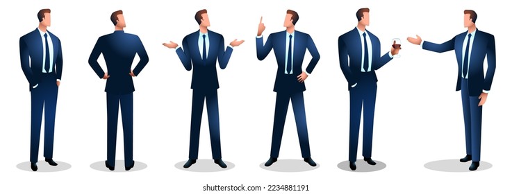 Businessman in various poses, vector illustration icon set