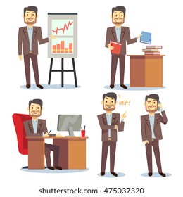 Businessman in various situations in office vector business peoples cartoon flat set. Consultant showing and pointing to report illustration