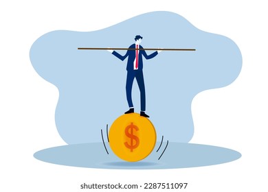 Businessman vector  balancing without fail walking on gold coins, financial and business risks Bank loans and debts stability or balance of economics and investment or the risk of losing a job concept