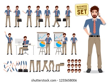 Businessman vector character creation set. Male business cartoon character holding mobile phone and talking with different poses and hand gesture for business presentation. Vector illustration.
