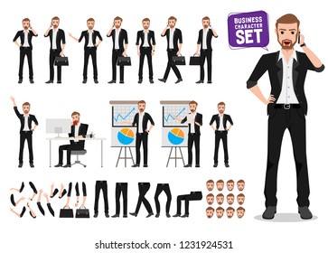 Businessman vector character set. Male business person cartoon character creation with poses holding mobile phone and briefcase and talking for business presentation. Vector illustration.
