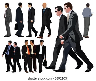 Businessman vector color illustration. Twelve persons. Between them two couples. Realistic graphic with color clothes and faces.