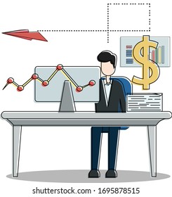 Businessman vector concept with male figure wearing a suit while typing on his desktop besides pile of papers and big dollar sign