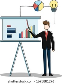 Businessman vector concept with male figure doing business presentation below a pie chart and a bulb icons, isolated in white background