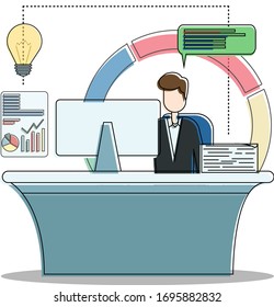 Businessman vector concept with male figure wearing a suit while typing on his desktop, isolated in white background with business pie chart and light bulb icon
